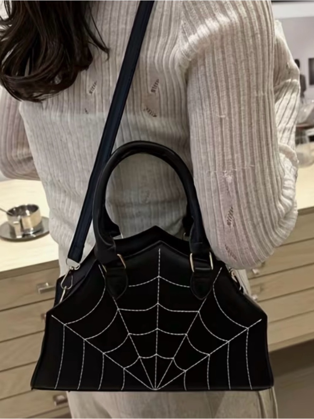 NWOT Halloween Black Spiderweb Stitch Dome Satchel Crossbody Bag